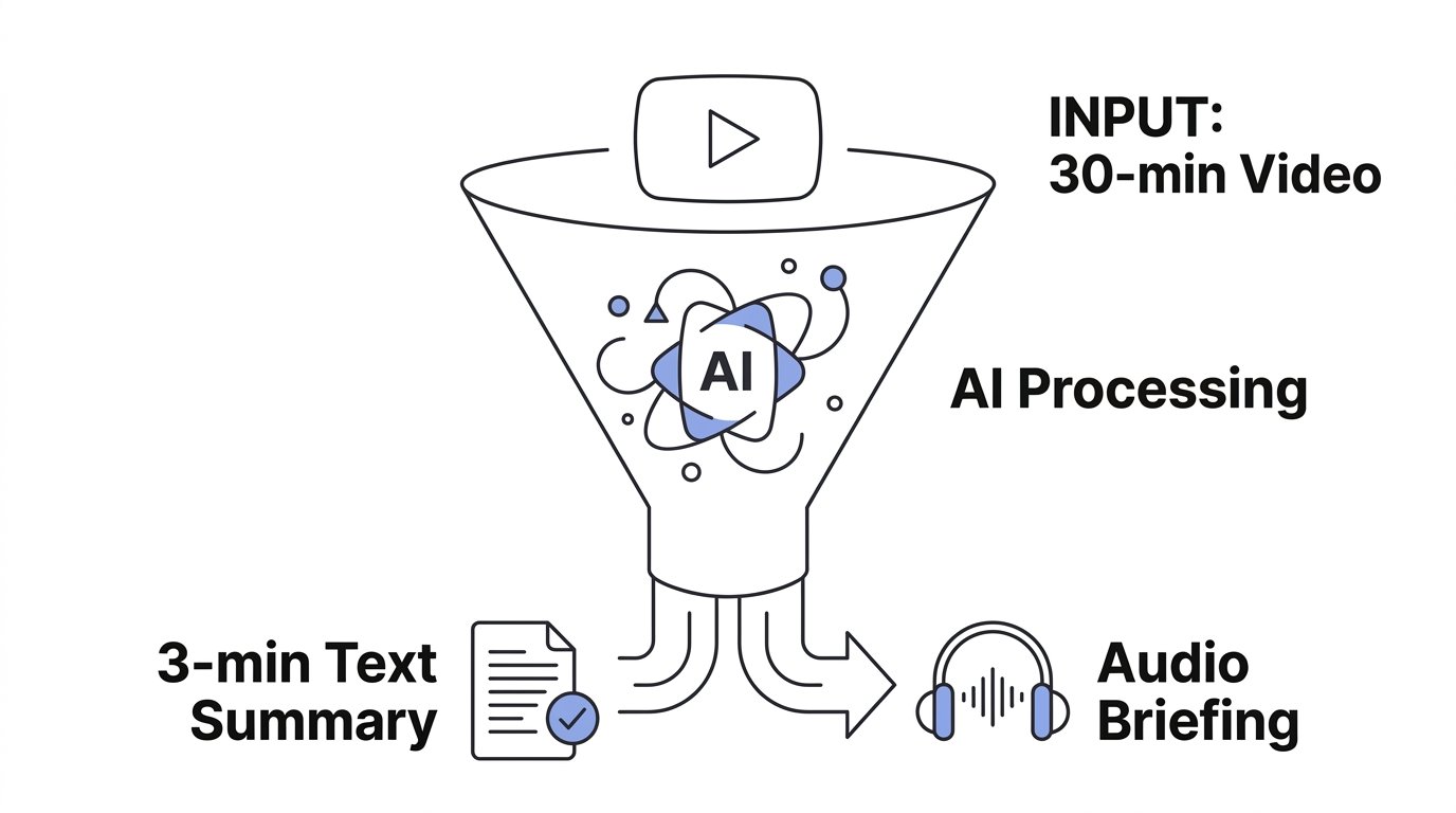 DistillTube: Input 30-min video → AI Processing → 3-min Text Summary + Audio Briefing